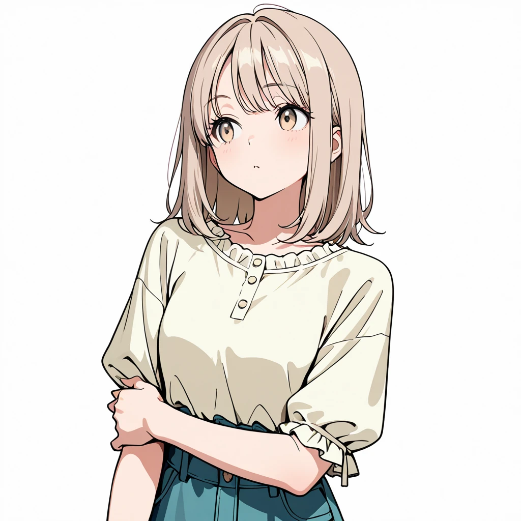 片腕を胸の前への女性サンプル